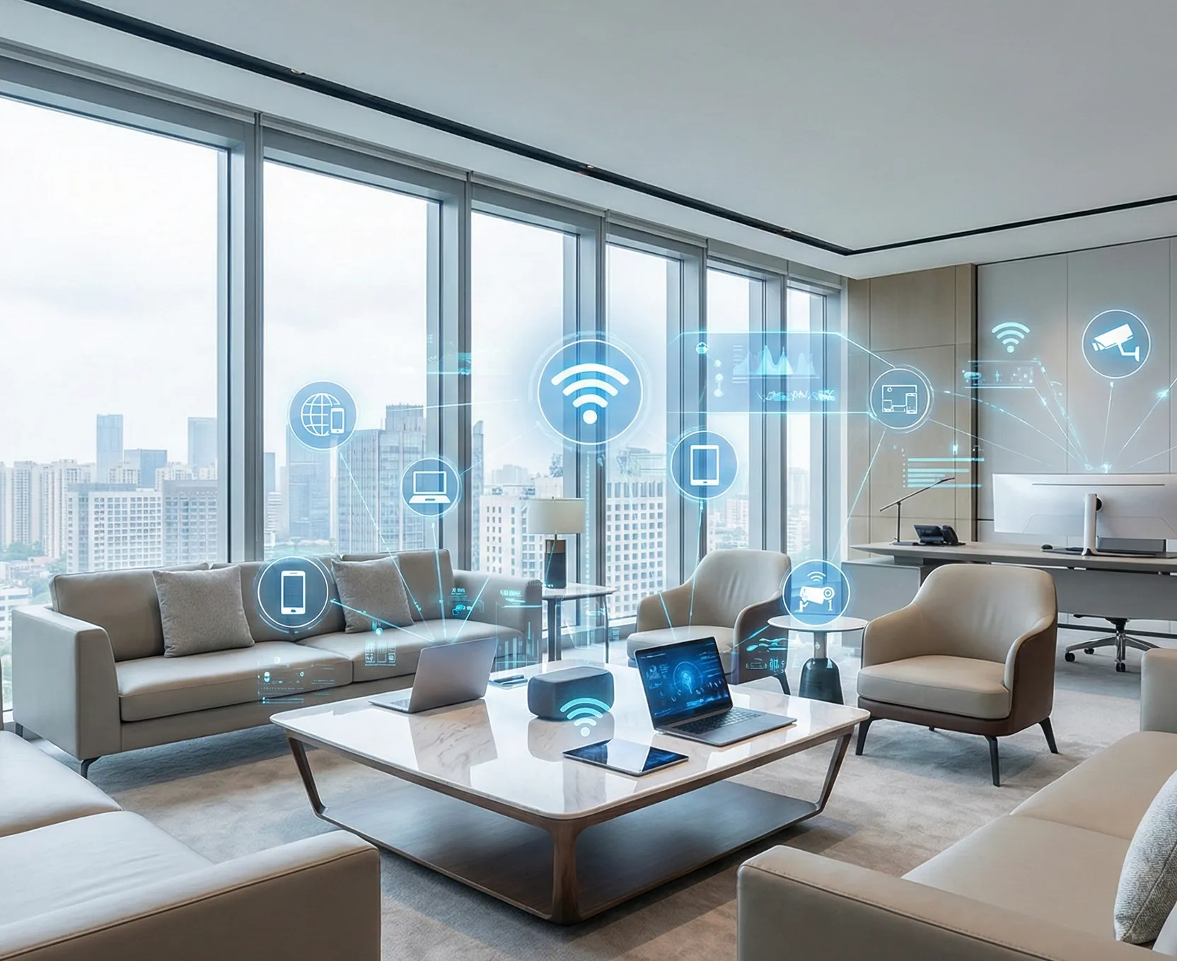Oficina moderna con infraestructura de red y conectividad WiFi